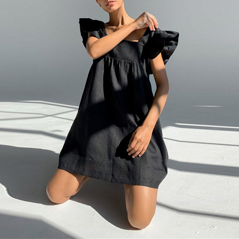 Elegant mini dress with ruffle sleeves, square neckline, solid color, perfect for summer by The Clothing Company Sydney.