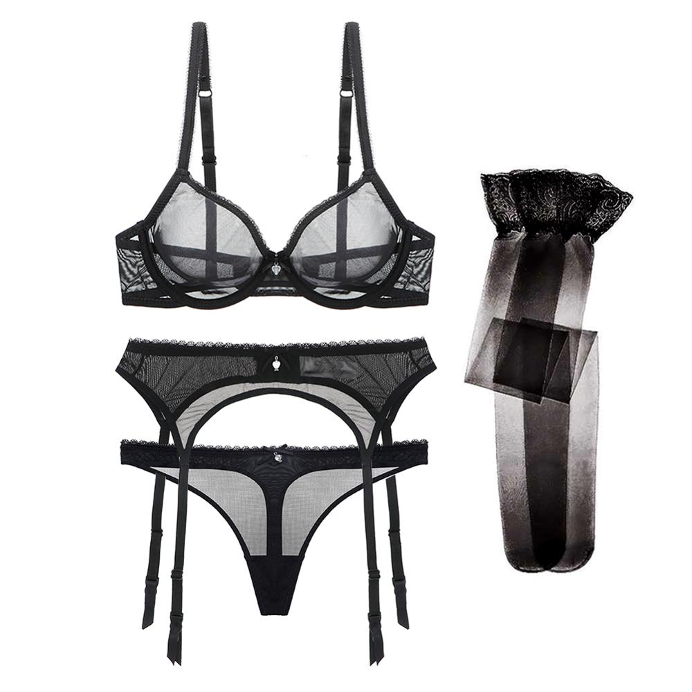 Ultra-thin transparent yarn lingerie set with bras, garters, thongs, and stockings from The Clothing Company Sydney.