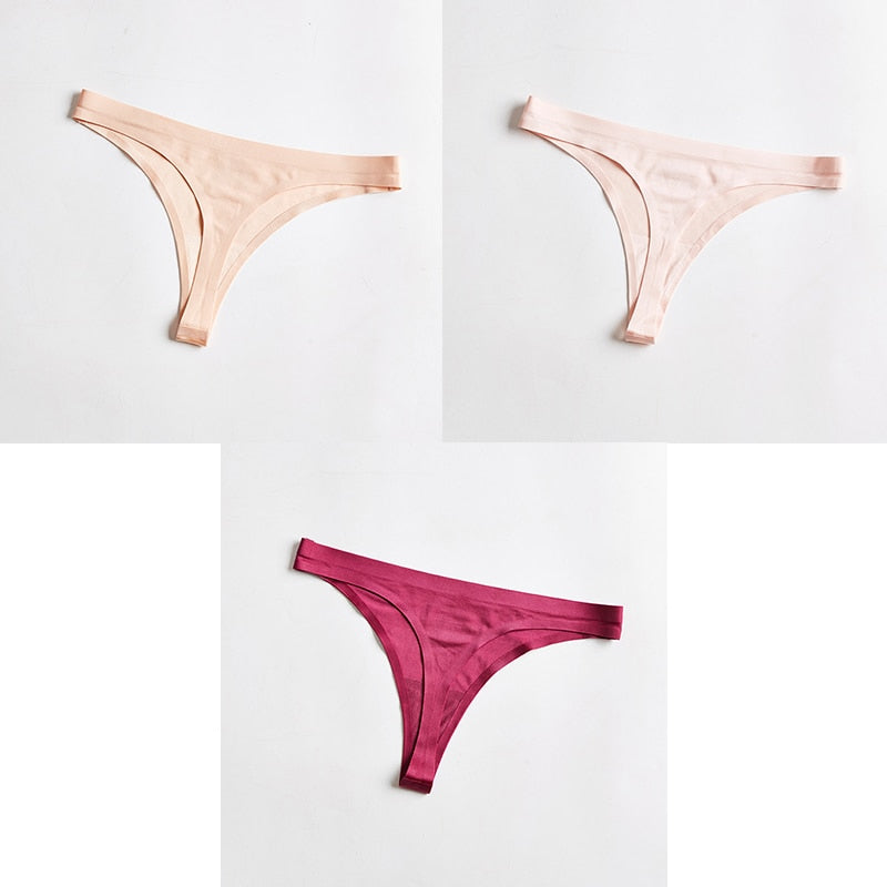 Three-pack of seamless ice silk thong underwear, T-back G-string style, by The Clothing Company Sydney, shown in the image.