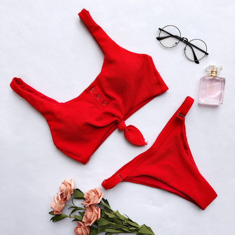 Brazilian bikini push-up padded swimsuit by The Clothing Company Sydney, featuring a two-piece design with vibrant swimwear fabric.