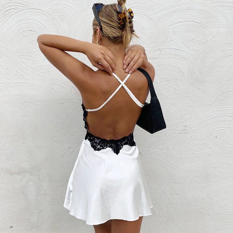 V Neck Lace Trim A-Line Satin White Dress Fashion Strap Mini Summer Dress Backless Party Dresses The Clothing Company Sydney