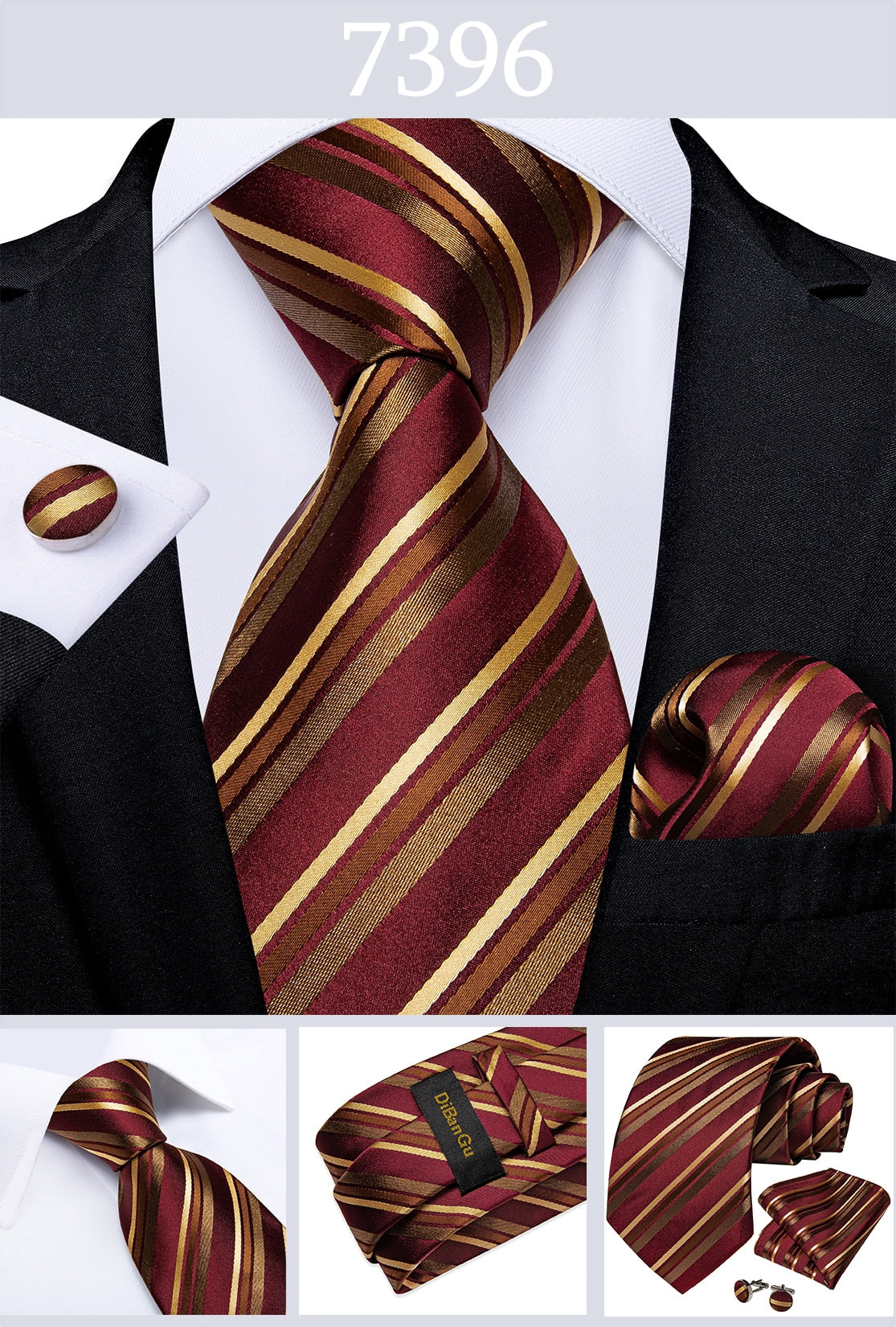Red designer men's tie with striped and paisley patterns, paired with cufflinks and a matching pocket square from The Clothing Company Sydney.