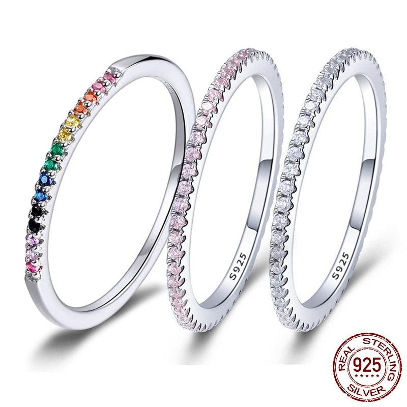 Sterling silver CZ simulated diamond stackable chain ring with platinum plating, designed for women.