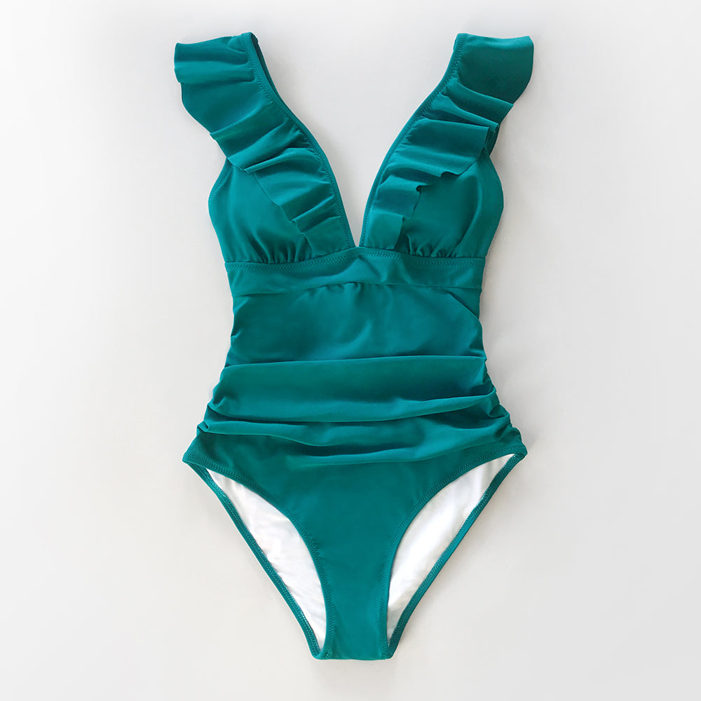 Solid black ruffled one-piece swimsuit with lace-up front, designed by The Clothing Company Sydney, perfect for beach and pool.