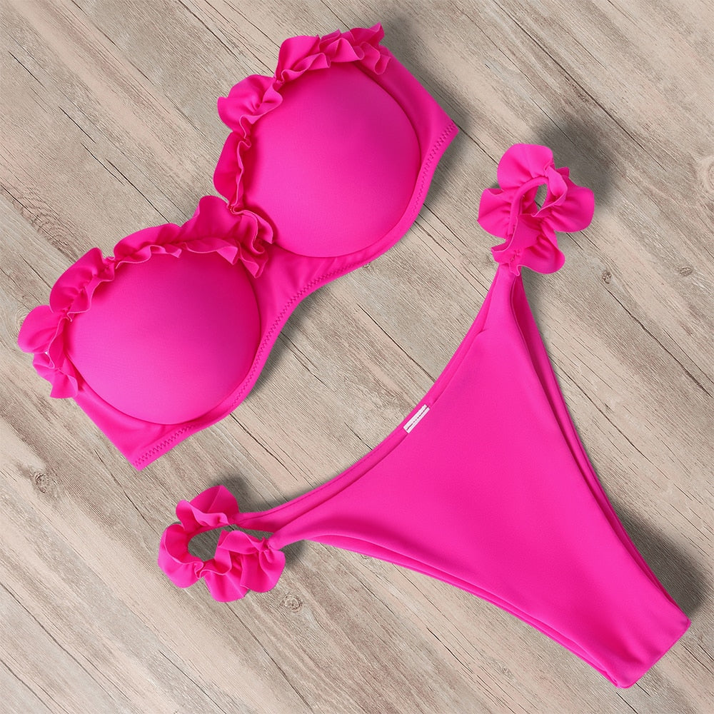 Leopard print 2-piece bandeau bikini swimwear for women with ruffle details and push-up design, by The Clothing Company Sydney
