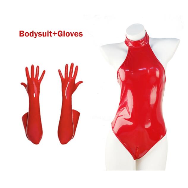 Glossy black PU leather lingerie bodysuit with socks and gloves, featuring a wet look latex catsuit with zip and open crotch design.