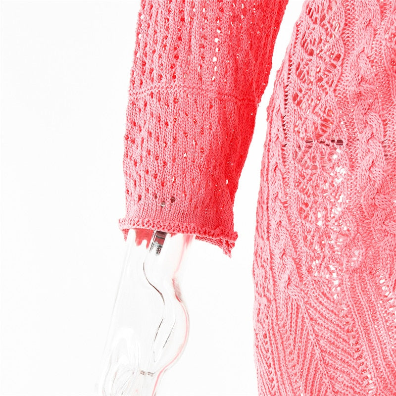 Knitted Hook Flower Hollow Out Drawstring Women Dress Blue Long Sleeve V-neck Dress Spring Slim Fashion Streetwear The Clothing Company Sydney