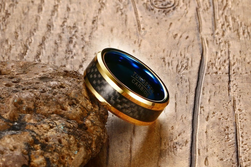 Blue tungsten carbide ring for men with black carbon fiber pattern, scratch-resistant jewelry by Vnox from The Clothing Company Sydney