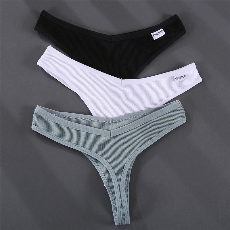 Three cotton G-string panties in solid colors from The Clothing Company Sydney, displayed flat for lingerie and underwear.