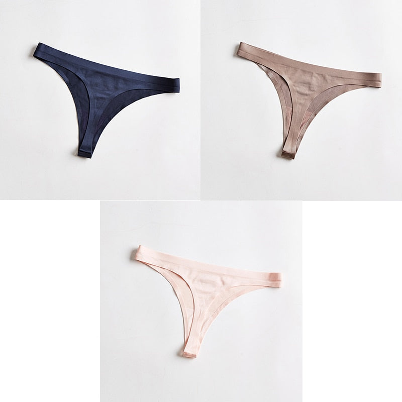 Three-pack of seamless ice silk thong underwear by The Clothing Company Sydney, featuring T-back G-string design for women.