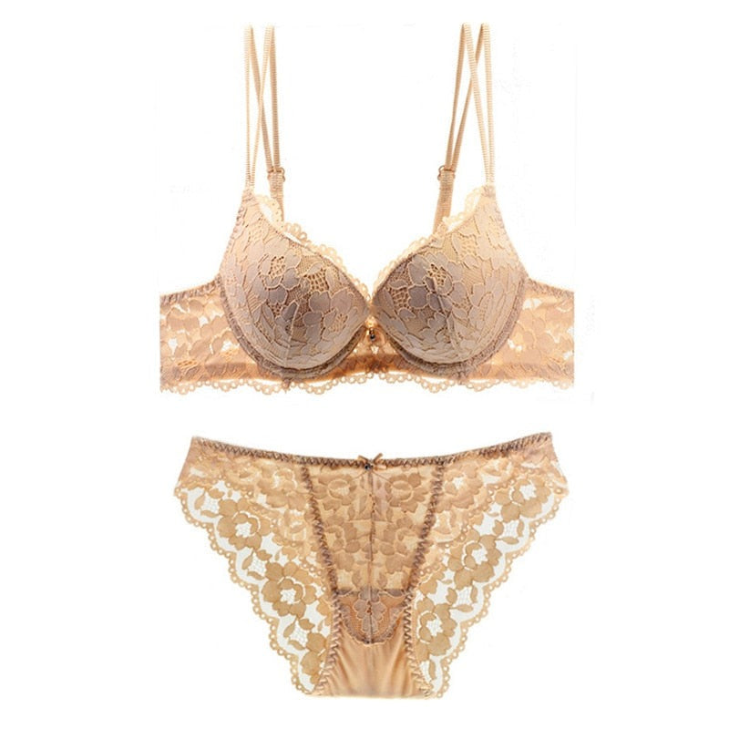 Blue lace embroidery lingerie set with push-up bra and matching panties, featuring deep V design and embroidery details.