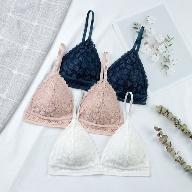 Floral lace bra top by The Clothing Company Sydney, wireless push-up lingerie with removable pads and breathable fabric.