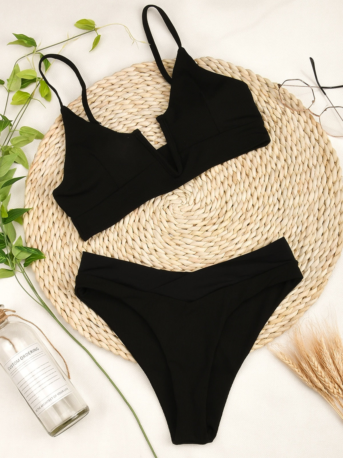 High waist bikini swimsuit by The Clothing Company Sydney featuring a bandeau top and thong Brazilian style swimwear.