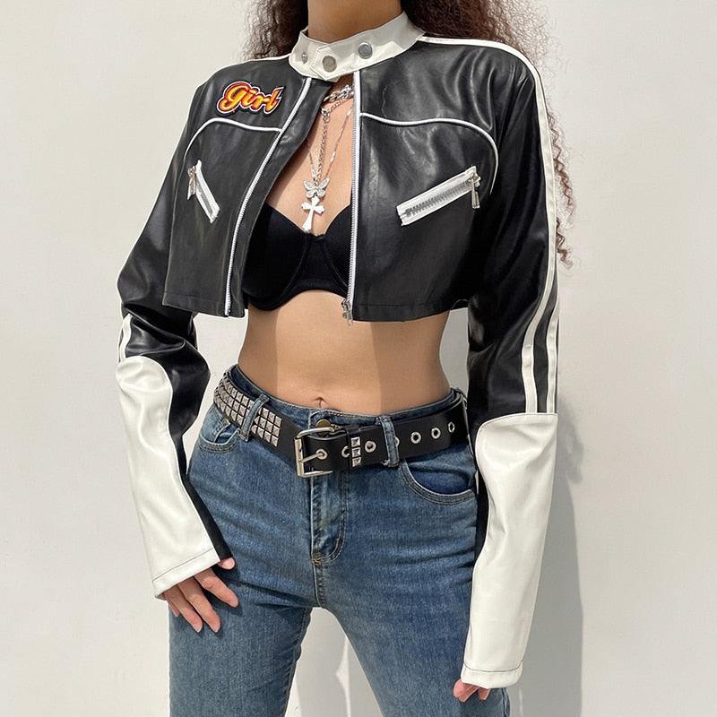 Women’s punk style patchwork cropped PU leather jacket with zippers, contrast colors, perfect for autumn and winter.