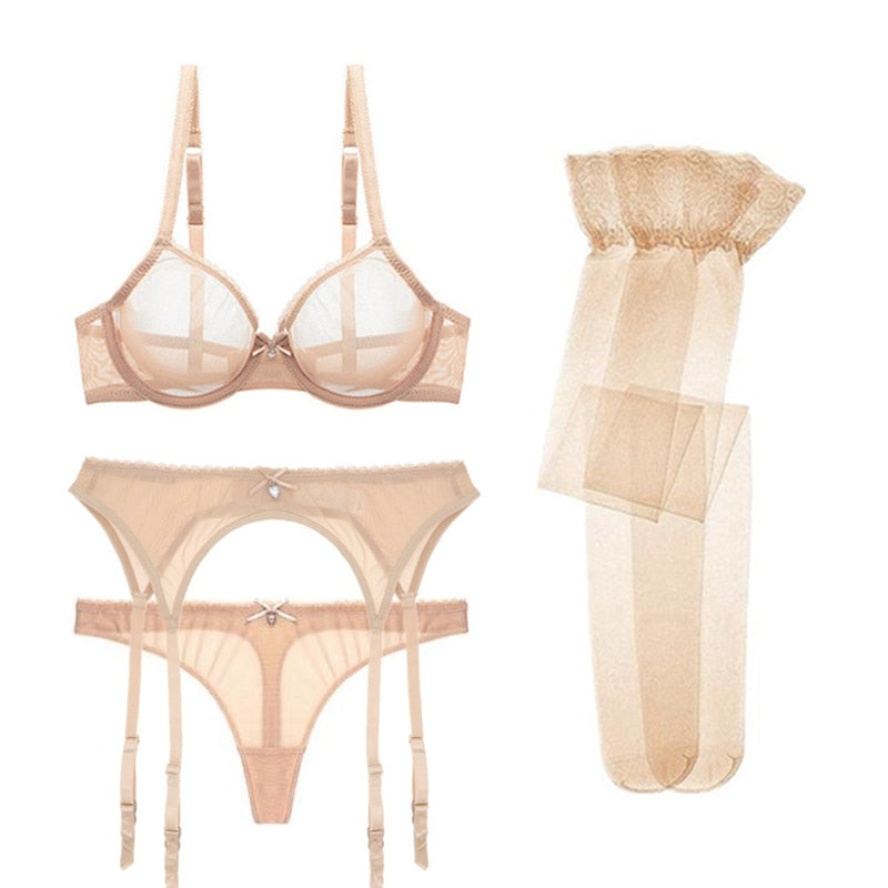 Ultra-thin transparent yarn lingerie set by The Clothing Company Sydney featuring bras, garters, thongs, and stockings.