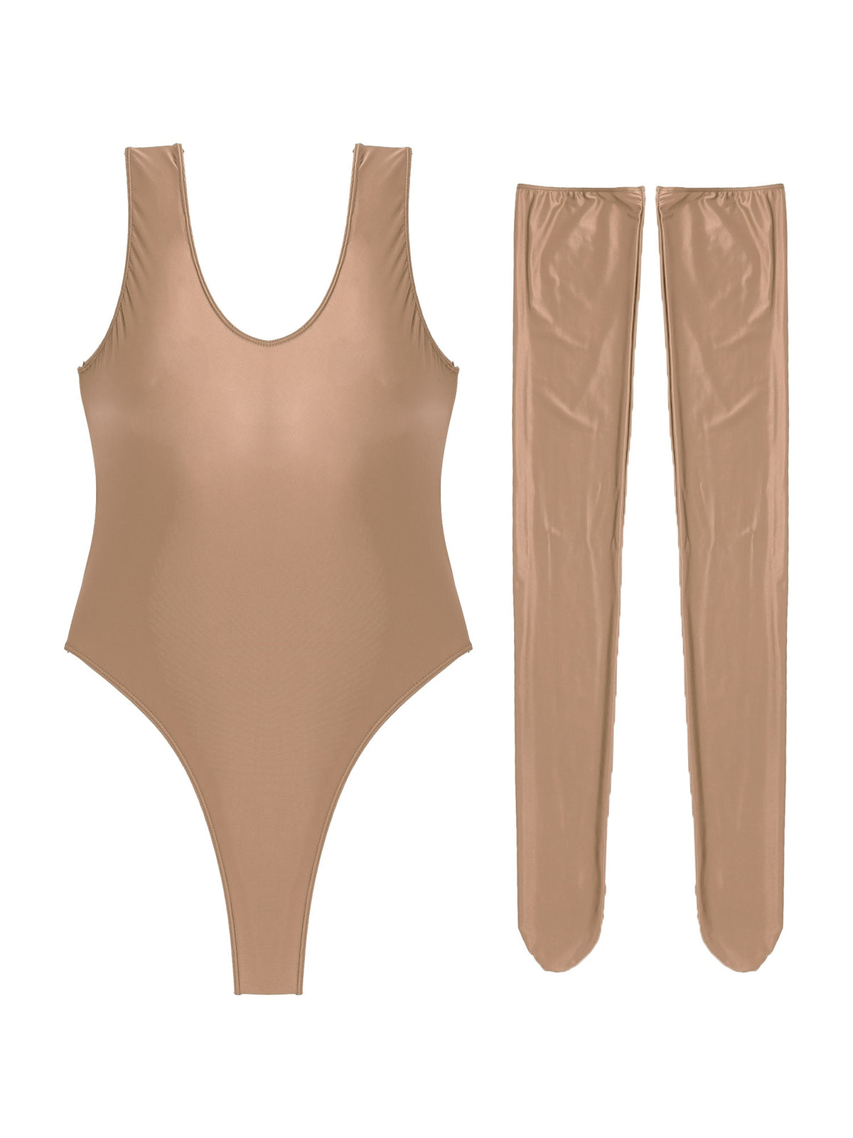 Women's glossy stretchy swimwear by The Clothing Company Sydney featuring a sleeveless high-cut slim-fit swimsuit with stockings.