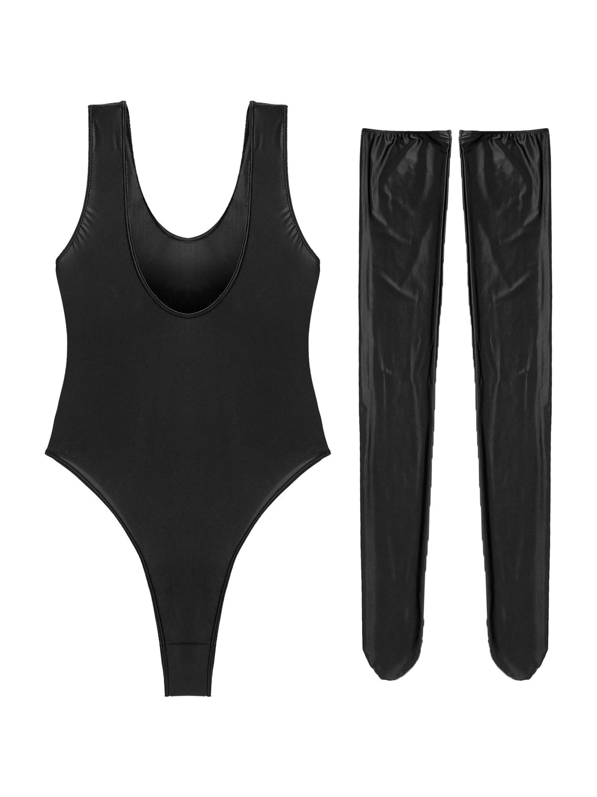 Women's glossy stretchy sleeveless swimsuit by The Clothing Company Sydney, high-cut, slim fit bodysuit with stocking-inspired style.