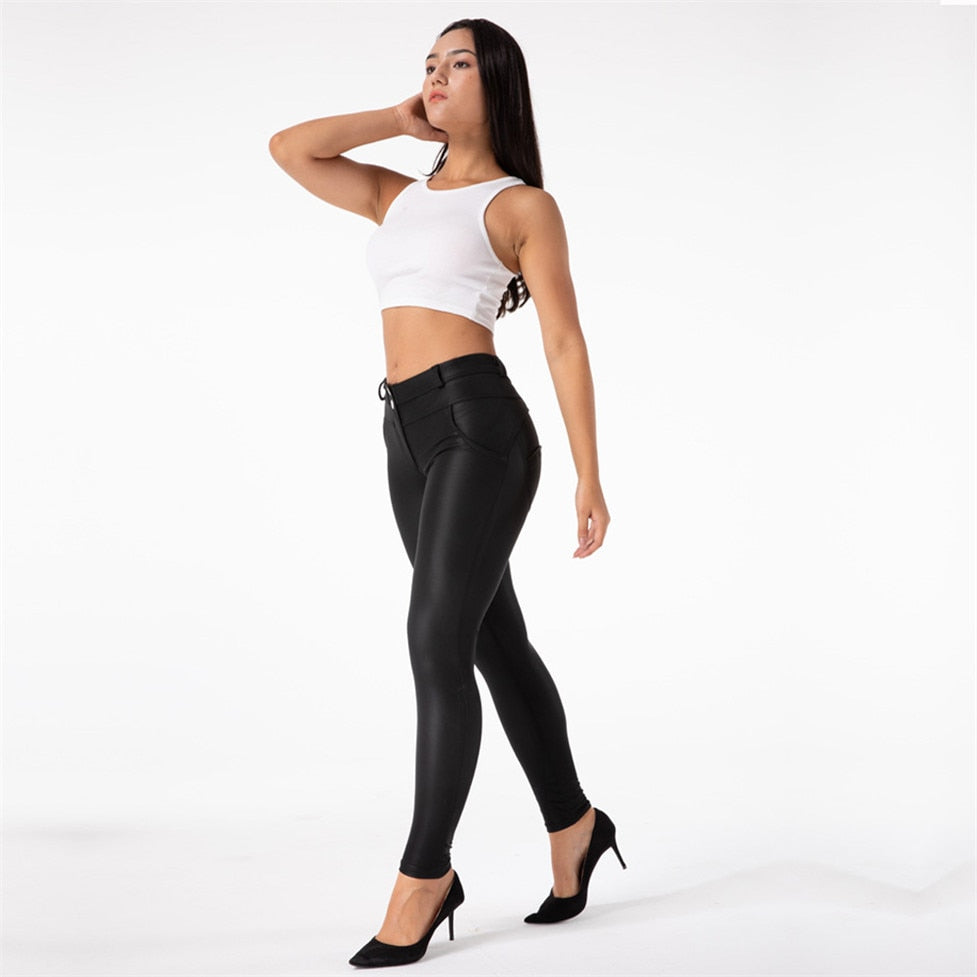 Black pleather leggings for women with heat fleece lining, skinny fit, push-up style, by The Clothing Company Sydney.