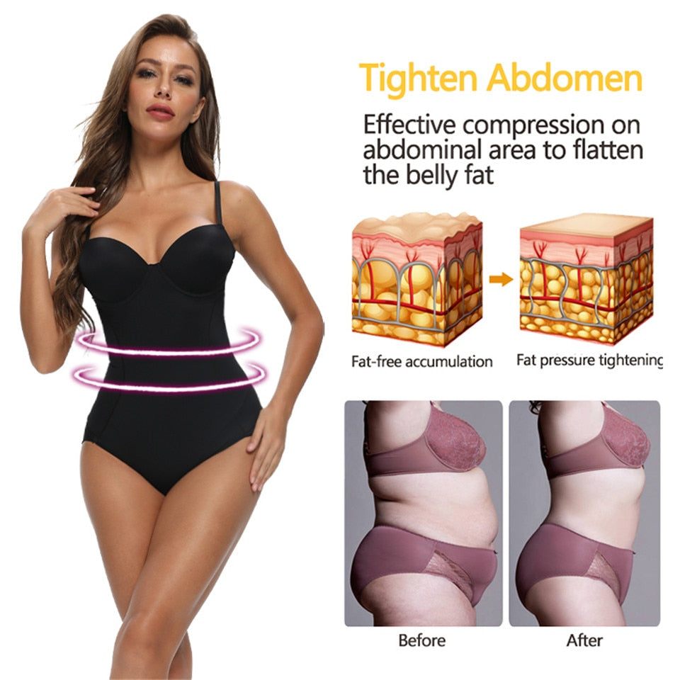 Women's shapewear bodysuit with underwire, waist trainer, and modeling straps, designed for a smooth, sculpted silhouette.