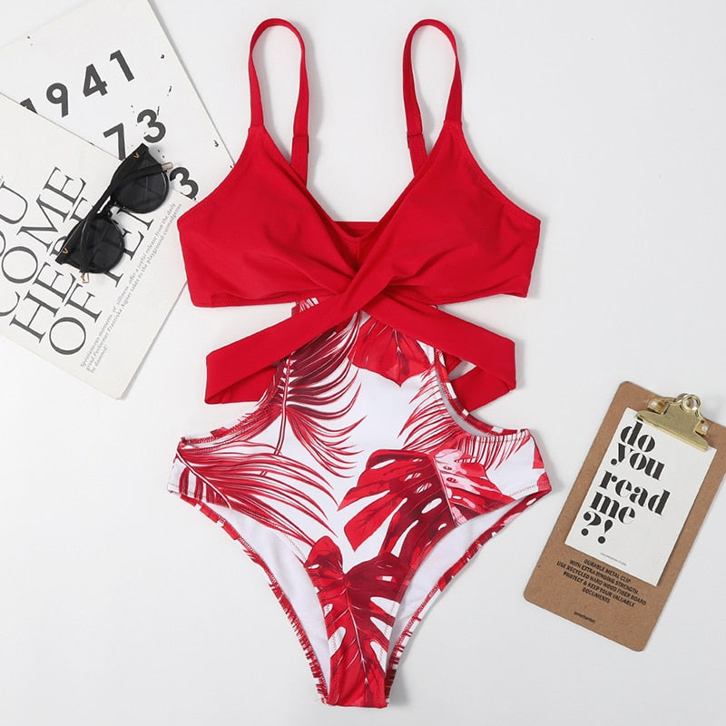 Printed one-piece bikini swimsuit by The Clothing Company Sydney, featuring triangle stitching, push-up design, perfect for summer beachwear.