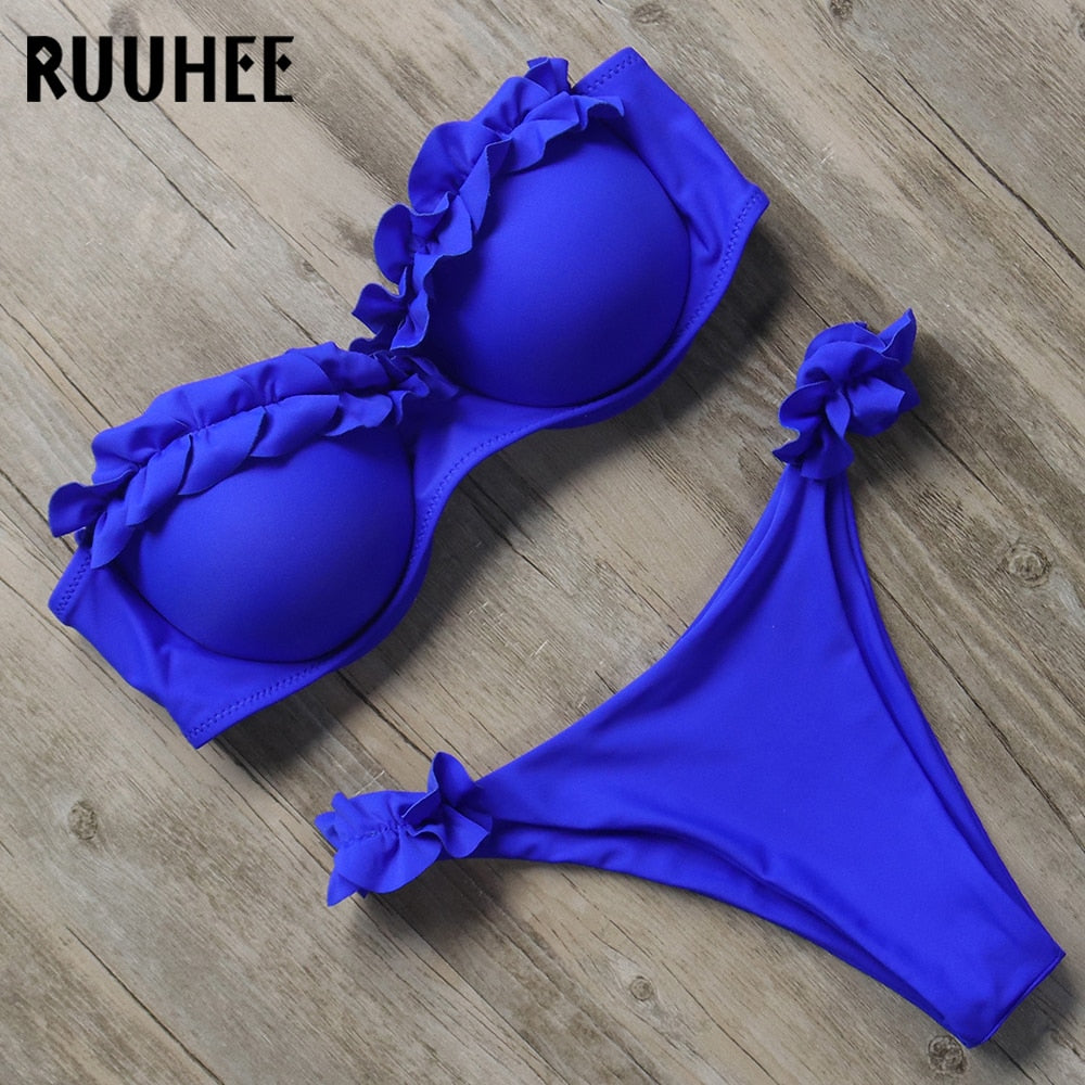 Brazilian leopard print 2-piece bandeau bikini swimwear for women with ruffle details and push-up design, by The Clothing Company Sydney.