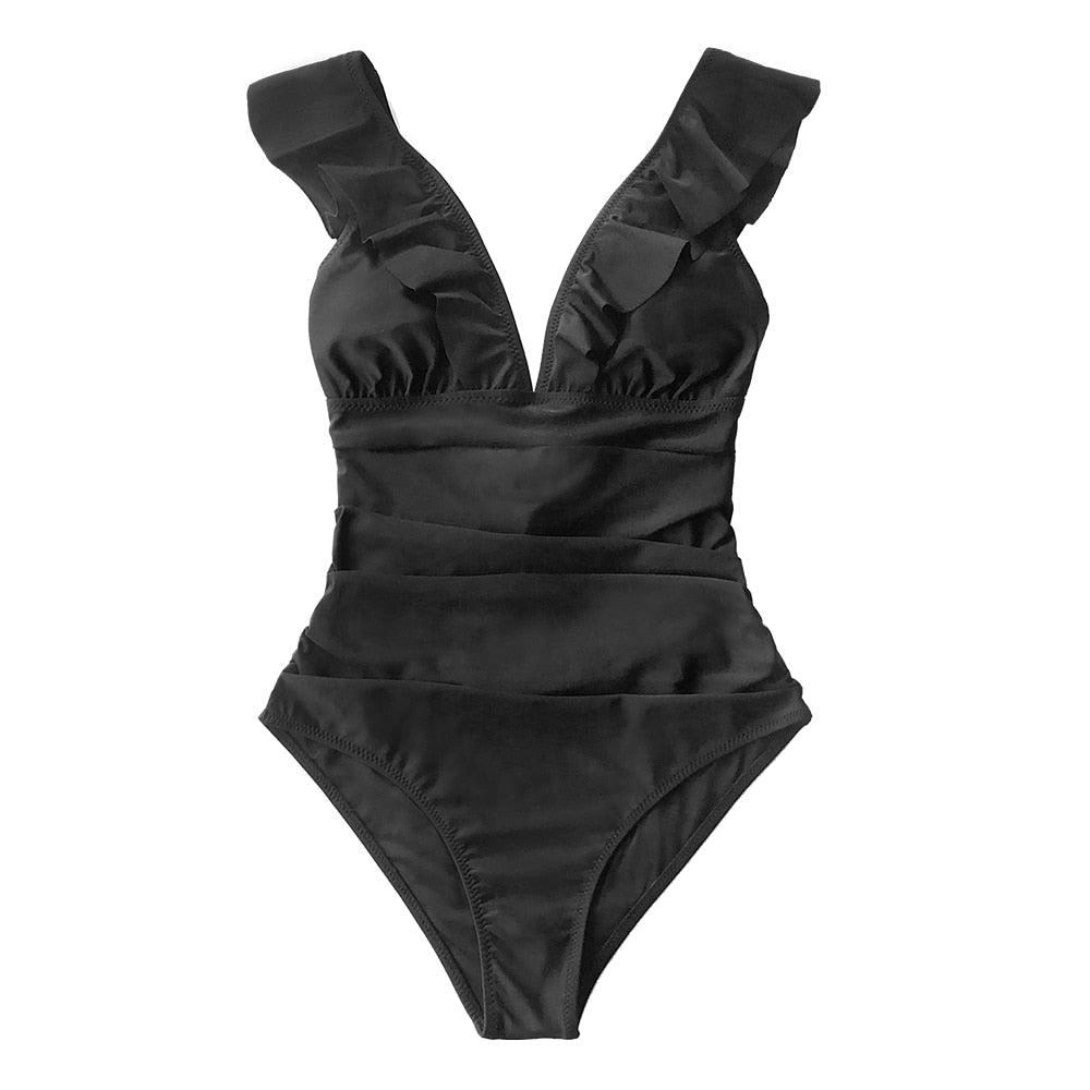 Solid black ruffled one-piece swimsuit with lace-up front from The Clothing Company Sydney, perfect for beach or poolside wear.