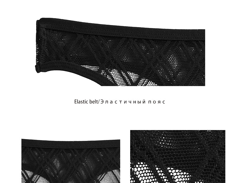 Three floral transparent thong lingerie G-string lace panties with low-waist mesh design from The Clothing Company Sydney.