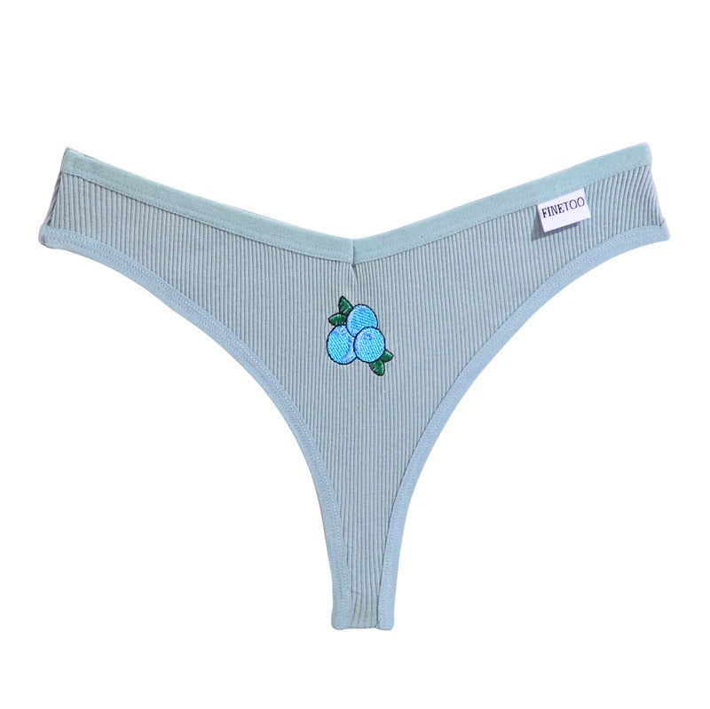 Cotton fruit embroidery G-string lingerie by The Clothing Company Sydney featuring a T-back thong with colorful fruit designs.