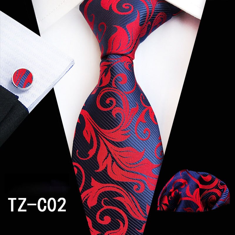 Red and green floral silk necktie set with matching pocket square and cufflinks, stylish accessories for men’s business and wedding attire.