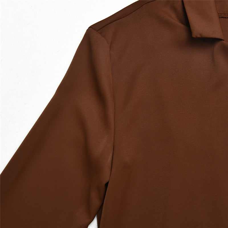 Brown long sleeve turn-down collar two-piece dress with high waist skirt, perfect for autumn office wear by The Clothing Company Sydney