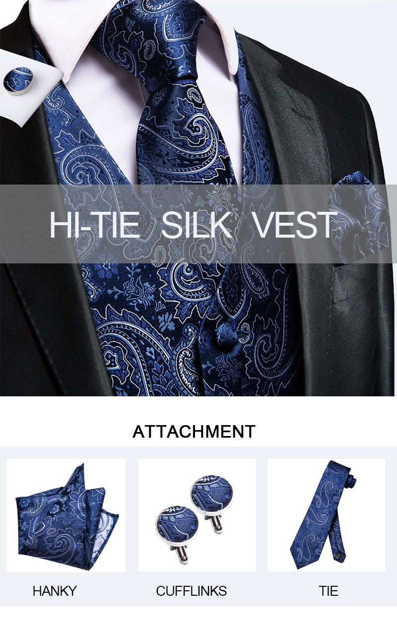 Men's luxury vest and tie set featuring paisley, floral, plaid patterns in blue, gold, red, and silver for wedding attire.