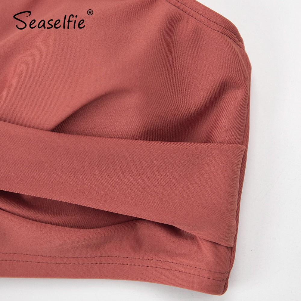 Red high-waist bikini set with V-neck twist tank top, solid swimwear by The Clothing Company Sydney, perfect for beachwear.