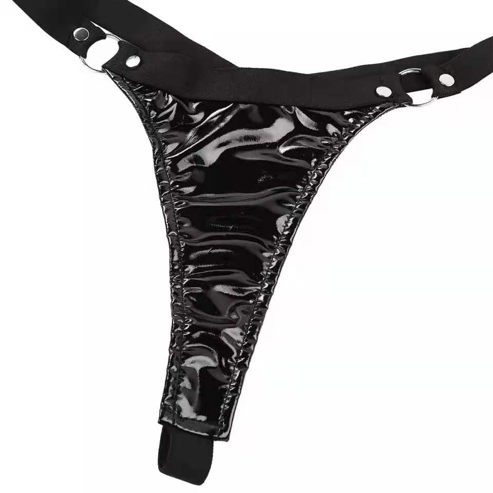 Two-piece wetlook leather bra and briefs set with glossy latex finish and adjustable belt, by The Clothing Company Sydney.