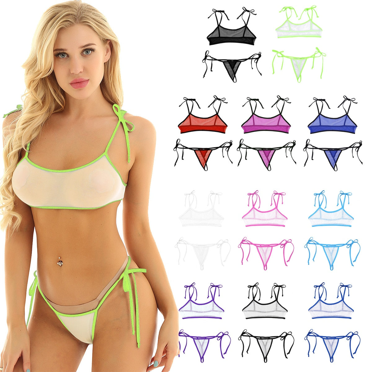 Two-piece micro bikini swimsuit from The Clothing Company Sydney featuring a sheer mesh bra top and G-string thong in a slim fit design.