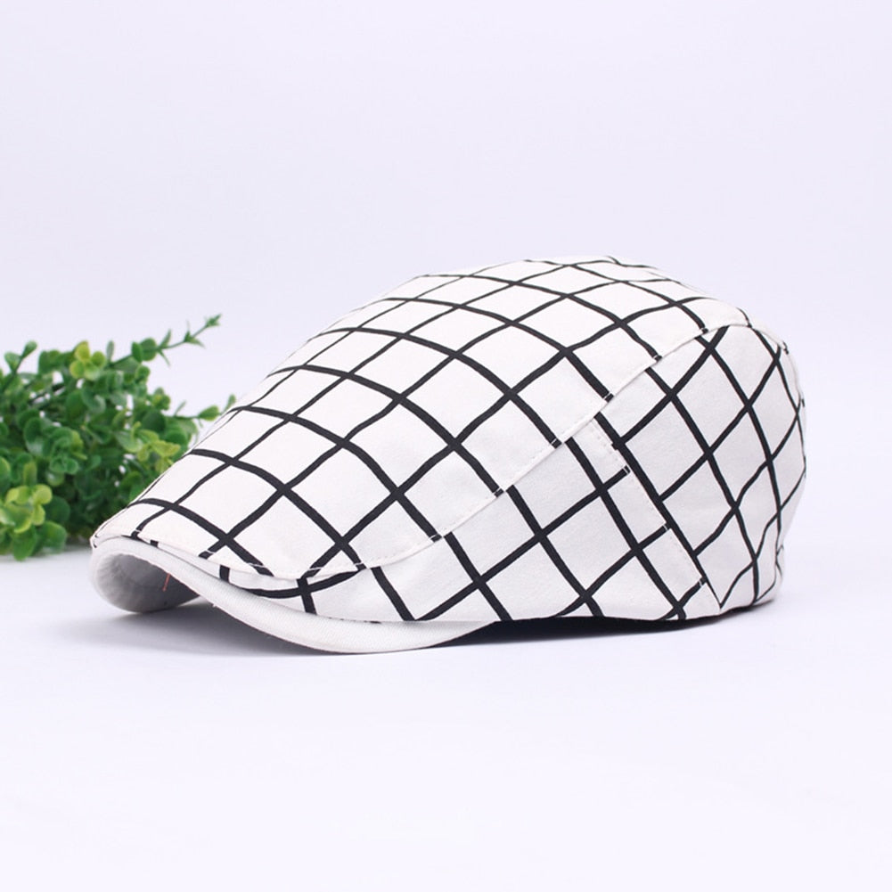 Plaid cotton flat cap for men and women, adjustable summer newsboy or ivy hat from The Clothing Company Sydney.