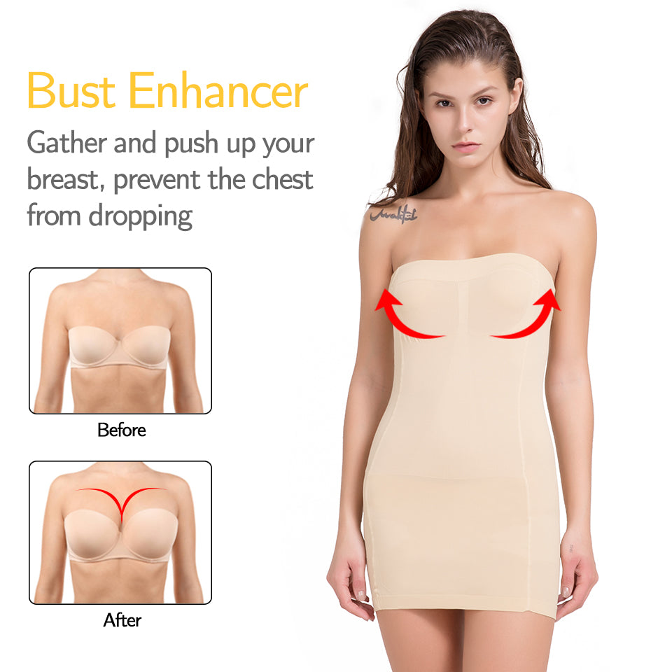 Women’s strapless shapewear slip by The Clothing Company Sydney, seamless full-body shaper for tummy control under dresses and skirts.