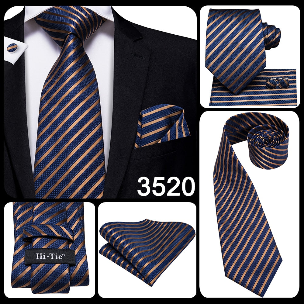 Set of accessories including blue and black striped silk necktie, pocket square, and cufflinks from The Clothing Company Sydney.