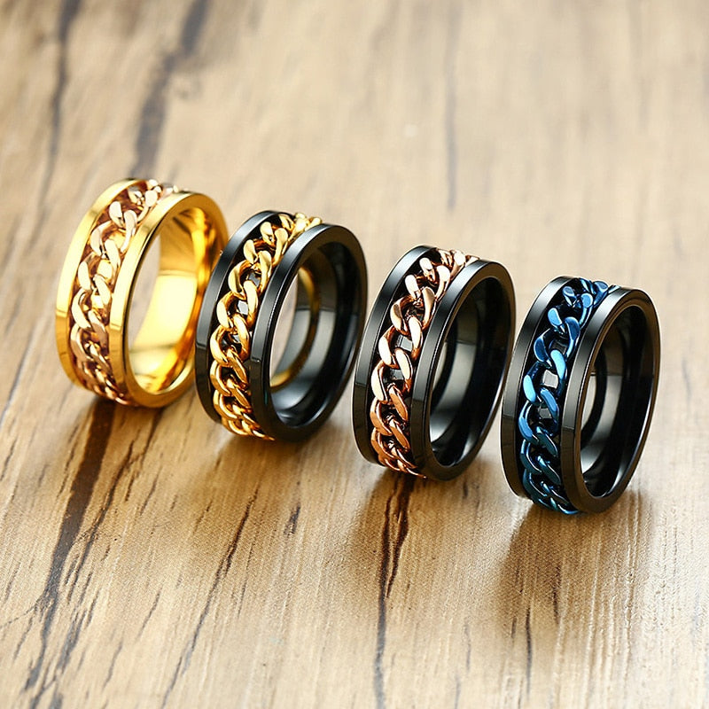 Black Vnox Spinner chain ring for men, made of titanium steel, featuring a punk style design and finger jewelry detail.