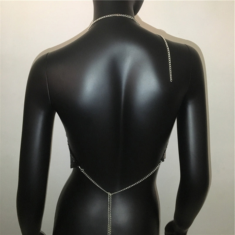 Shimmering gold and silver metal sequined backless cropped tank top for summer beach club wear by The Clothing Company Sydney.