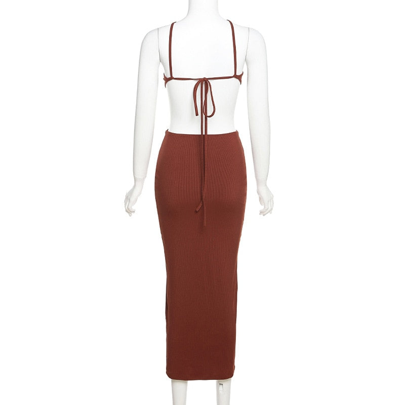 Elegant sleeveless summer halter maxi dress by The Clothing Company Sydney with backless design and cutout details, perfect for parties.