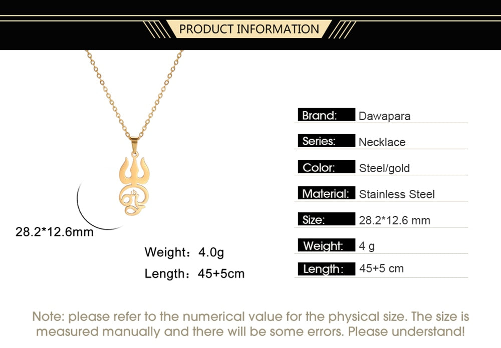 Stainless steel Tamil Om Aum symbol with trident pendant necklace featuring Shiva symbol, vintage yoga jewelry design.