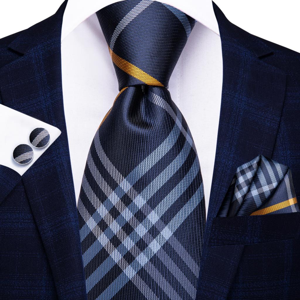 Blue silk men's business tie with dot and plaid pattern, includes cufflinks, from The Clothing Company Sydney, 150cm length.