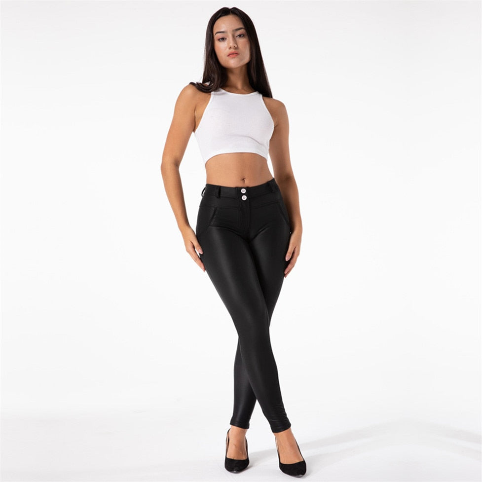 Black pleather leggings for women with fleece lining, skinny fit, push-up style, from The Clothing Company Sydney.