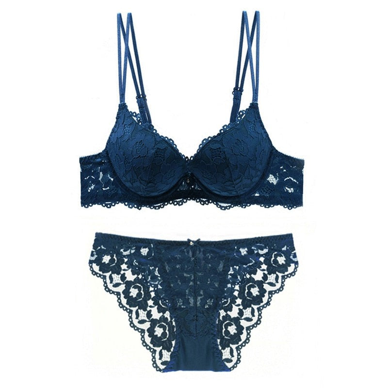 Blue lace embroidery lingerie set with push-up bra and panties, featuring deep V design and A-B-C cup support from The Clothing Company Sydney.