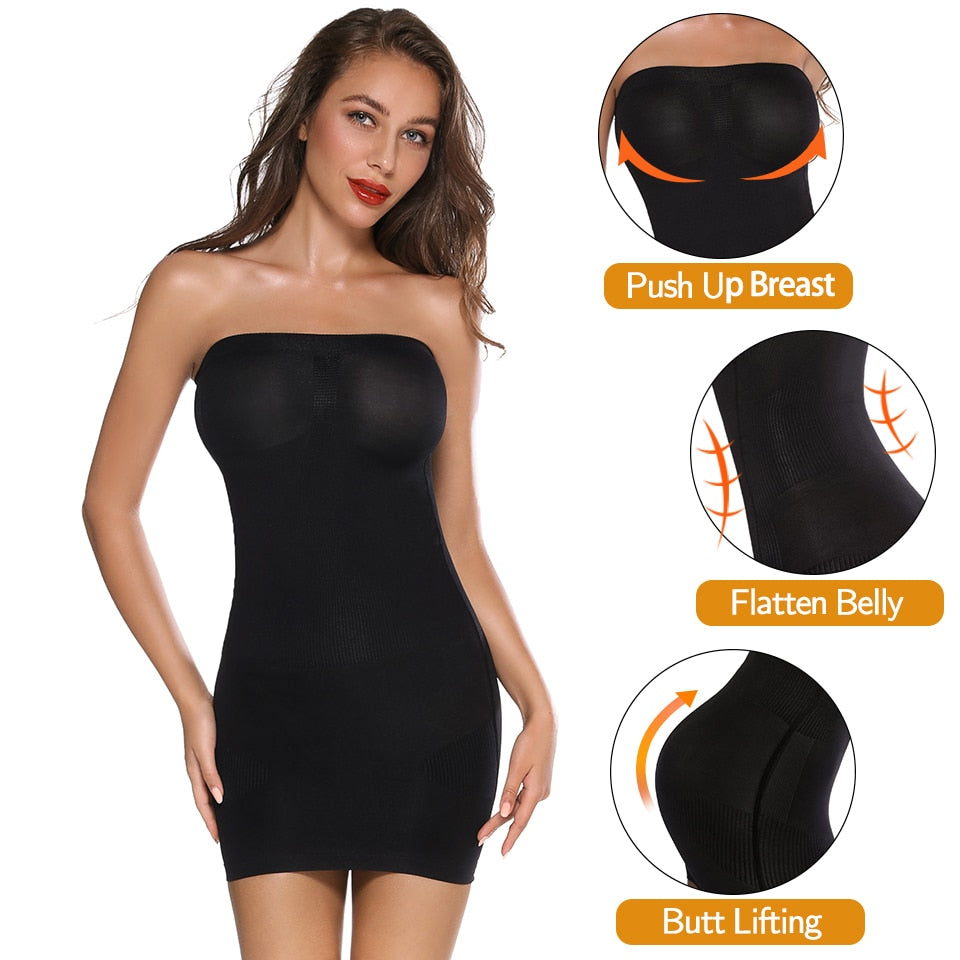 Women’s strapless shapewear slip by The Clothing Company Sydney, seamless tummy control full body shaper under dress.