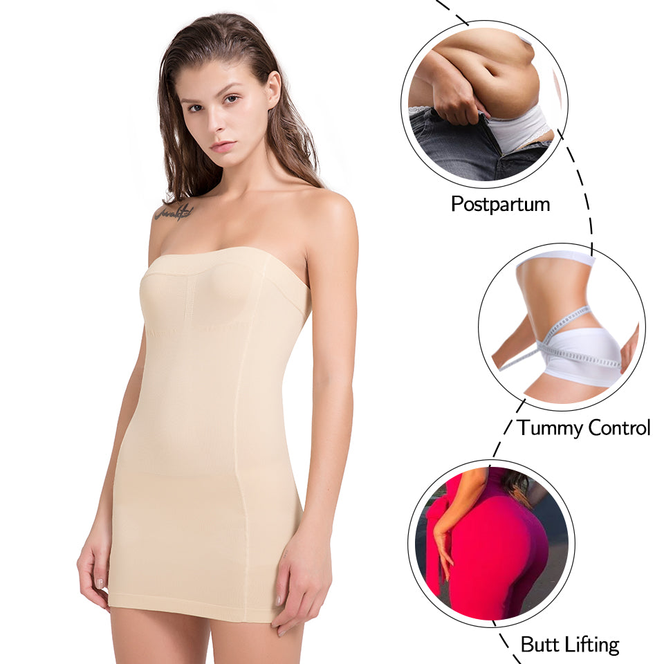 Women’s strapless full shapewear slip by The Clothing Company Sydney, seamless tummy control body shaper under dress and skirts.