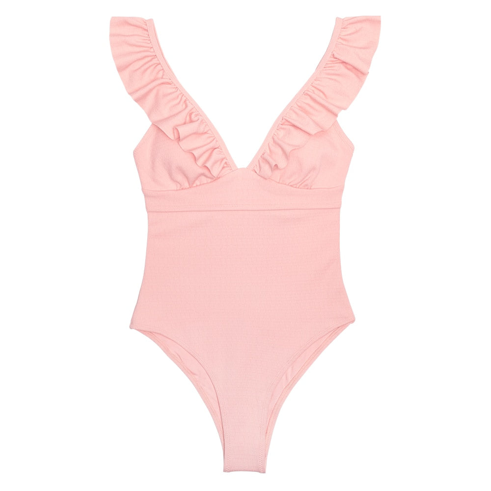 Solid black ruffled one-piece swimsuit with lace-up front from The Clothing Company Sydney, perfect for beach and poolside.