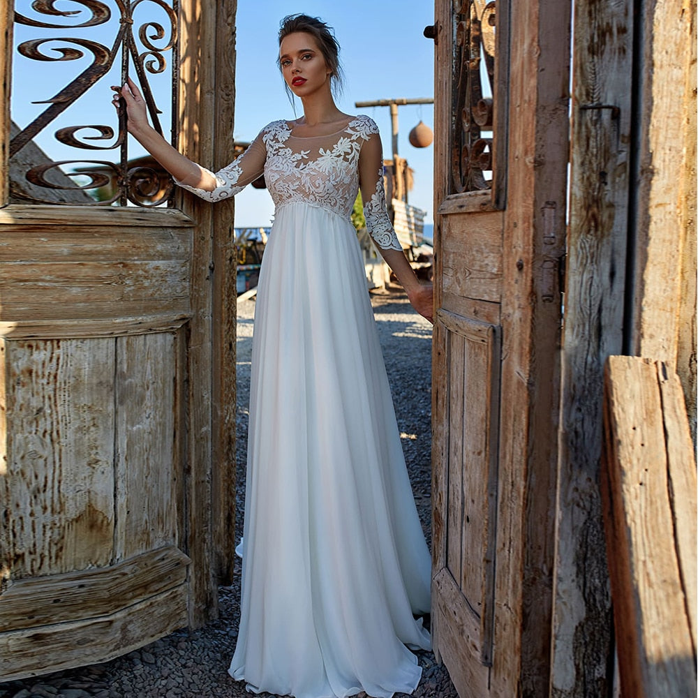 Lace Chiffon Wedding Dress Empire Waist Empire Waist Wedding Dresses A-Line Chiffon 3/4 Sleeve Lace Chiffon Wedding Dress Empire Waist Empire Waist Wedding Dresses A-Line Chiffon 3/4 Sleeve