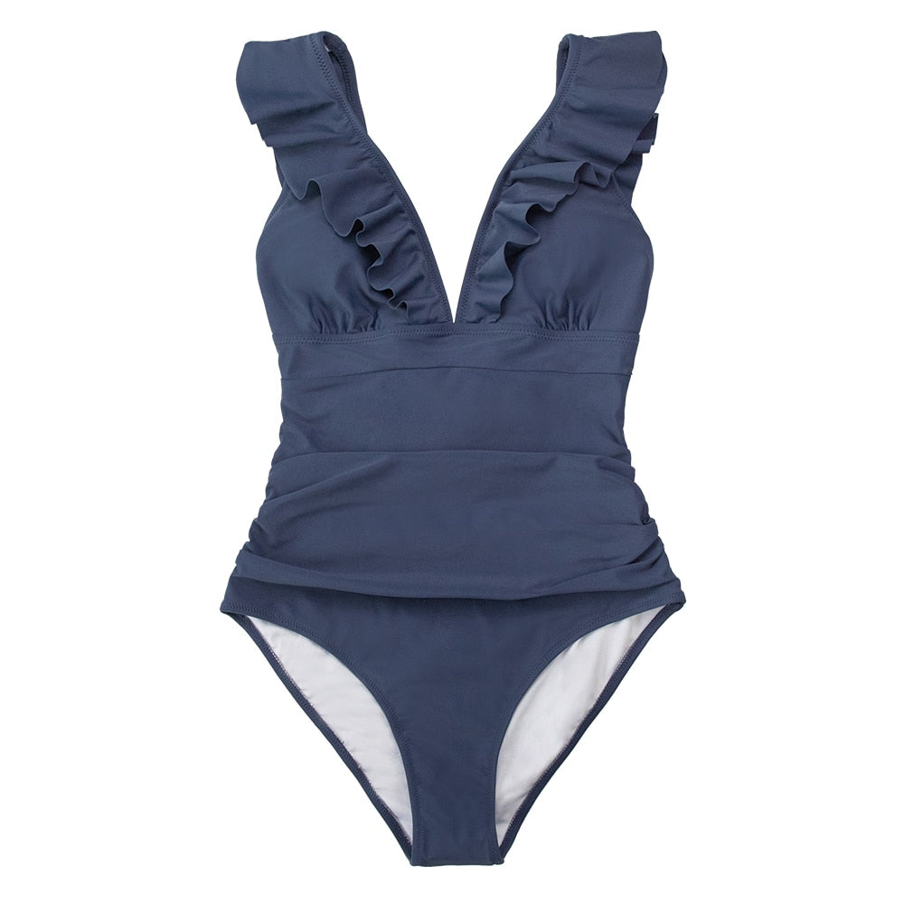 Solid black ruffled one-piece swimsuit with lace-up detail from The Clothing Company Sydney, featuring a stylish monokini design for beachwear.