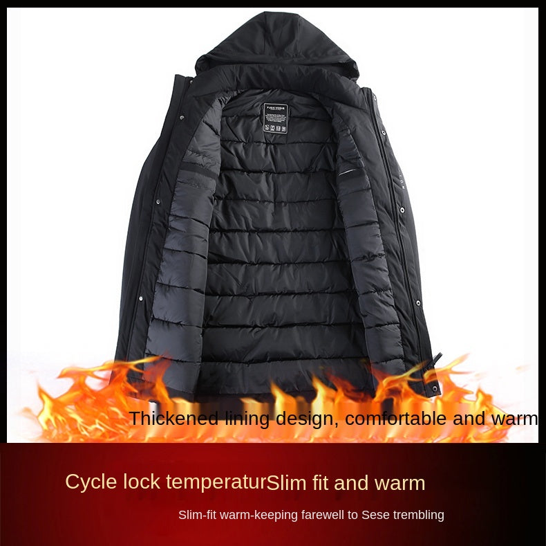 Men's thick padded winter parka with hood from The Clothing Company Sydney, featuring casual fashion design and warm insulation.